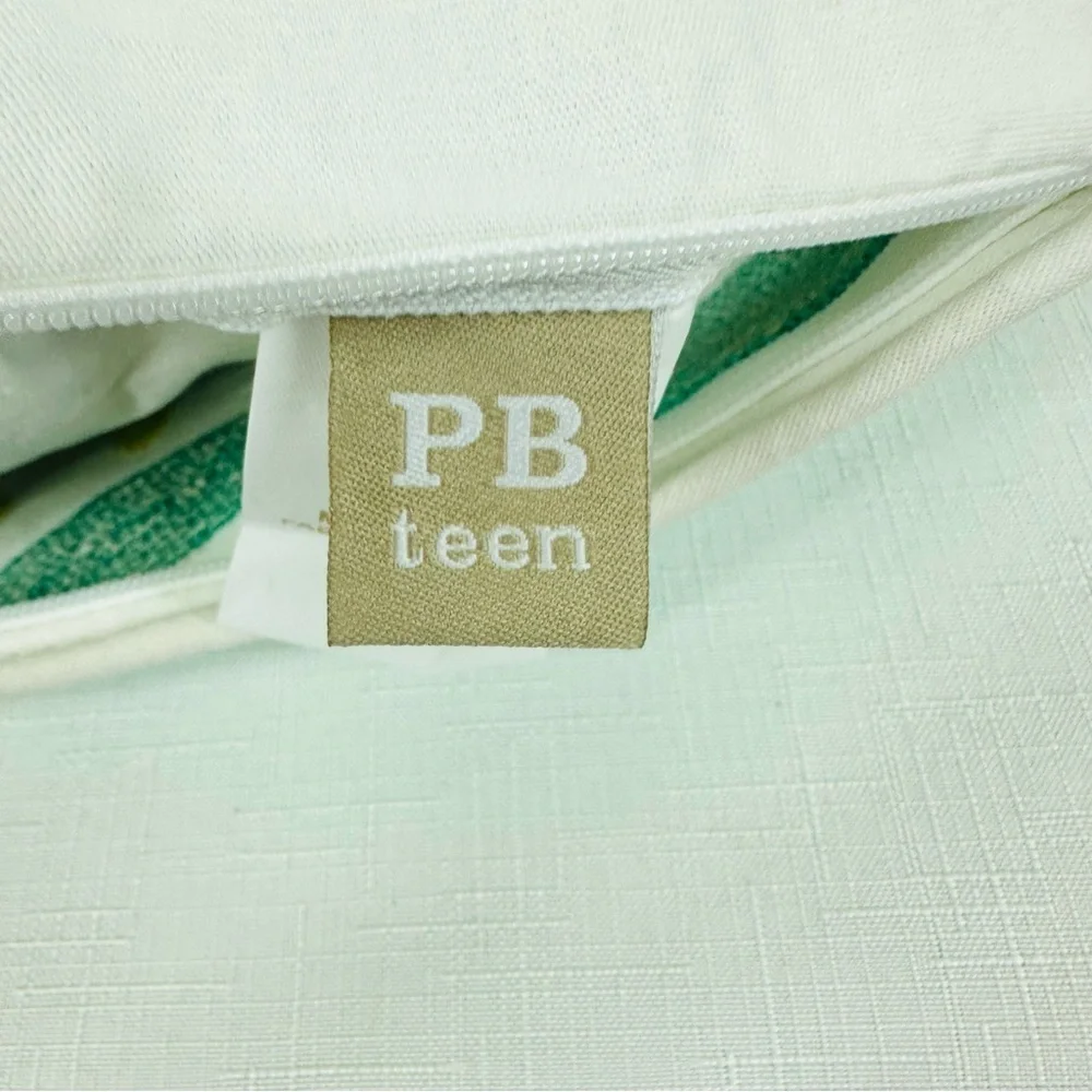 Pottery Barn Teen White Aqua Navy Blue Embroidered Throw Pillow 16x16”